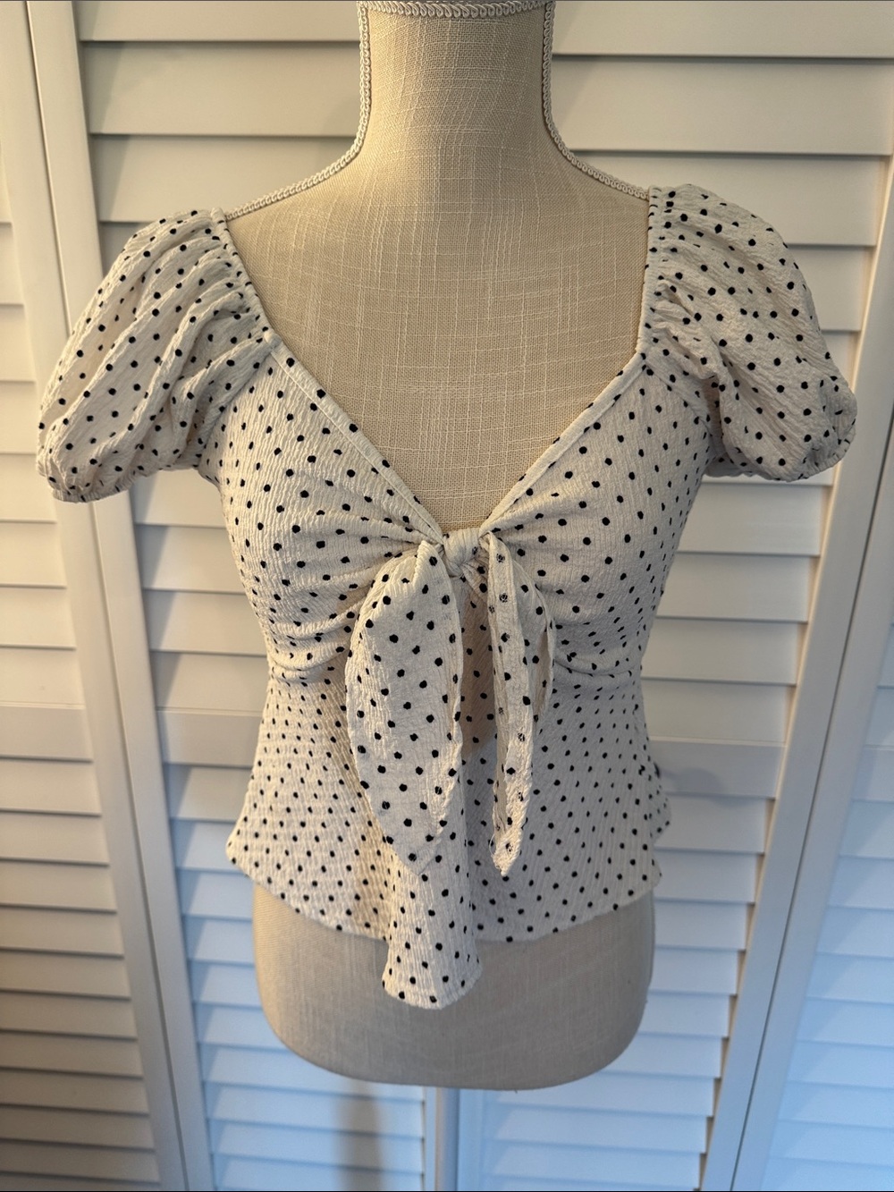 See You Monday Polka Dot Tie-Front Puff Sleeve Crop Top